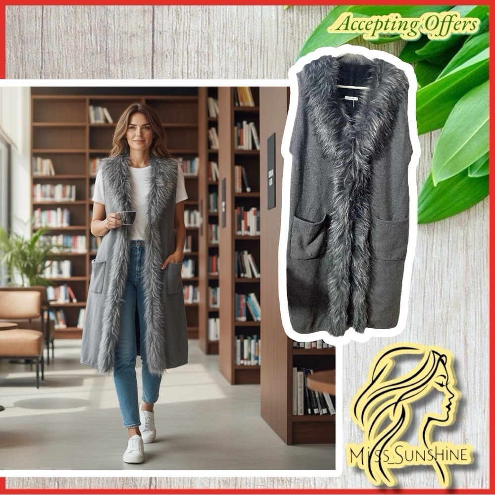 SIONI - Sz L/XL - faux fur trim cardigan with pockets